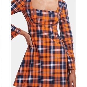 🔥 - NWT STAUD Women's Beth Poppy Orange & Blue Plaid Square-Neck Long Sleeve…